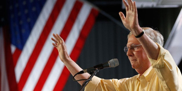 FANCY FARM, KY - AUGUST 02: Senate Minority Leader Mitch McConnell (R-KY) speaks at the Fancy Farm picnic August 2, 2014 in Fancy Farm, Kentucky. With today's annual Fancy Farm picnic, a Kentucky political tradition, recent polls show McConnell and the Democratic nominee, Kentucky Secretary of State Alison Grimes in a virtual tie. (Photo by Win McNamee/Getty Images)