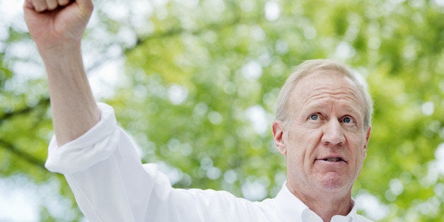 UNITED STATES - AUGUST 14: Bruce Rauner, Republican candidate Illinois Governor, addresses the crowd during Republican Day at the Illinois State Fair in Springfield, Ill., August 14, 2014. (Photo By Tom Williams/CQ Roll Call)