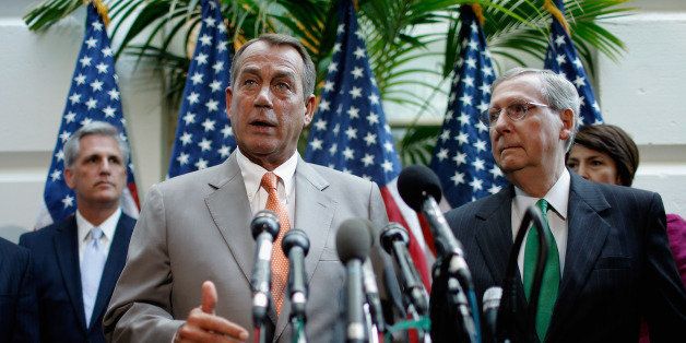 WASHINGTON, DC - JUNE 06: Speaker of the House John Boehner (R-OH) (C) holds a brief press conference with (L-R) House Majority Leader Eric Cantor (R-VA), Rep. Kevin McCarthy (R-CA), Senate Minority Leader Mitch McConnell (R-KY) and Rep. Cathy McMorris Rodgers (R-WA) after the weekly House GOP caucus meeting at the U.S. Capitol June 6, 2012 in Washington, DC. The House Republican leaders said that letting the Bush tax cuts for the wealthest Americans expire would be harmful for the economy and proposed the cuts be extended for a year so Congress could reform the tax code. (Photo by Chip Somodevilla/Getty Images)