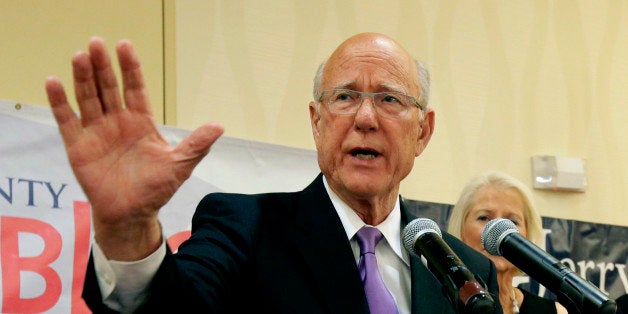 U.S. Sen. Pat Roberts makes his victory speech at a Johnson County Republican's election watch party Tuesday, Aug. 5, 2014, in Overland Park, Kan. Roberts defeated tea party-backed challenger Milton Wolf. (AP Photo/Charlie Riedel)
