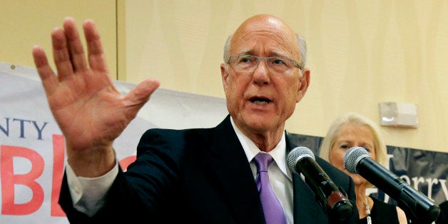 U.S. Sen. Pat Roberts makes his victory speech at a Johnson County Republican's election watch party Tuesday, Aug. 5, 2014, in Overland Park, Kan. Roberts defeated tea party-backed challenger Milton Wolf. (AP Photo/Charlie Riedel)