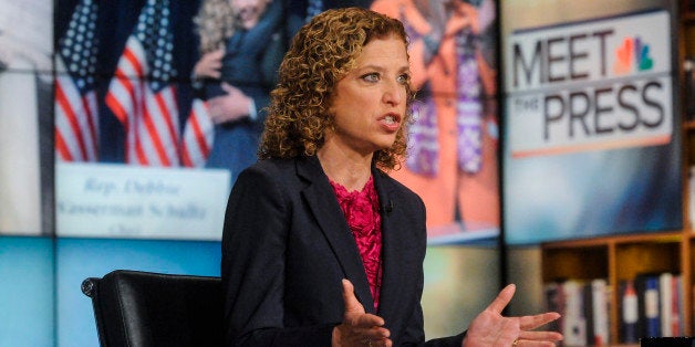 MEET THE PRESS -- Pictured: (l-r) Debbie Wasserman-Schultz (D-FL), Democratic National Committee Chair, appears on 'Meet the Press' in Washington, D.C., Sunday, April 20, 2014. (Photo by: William B. Plowman/NBC/NBC NewsWire via Getty Images)