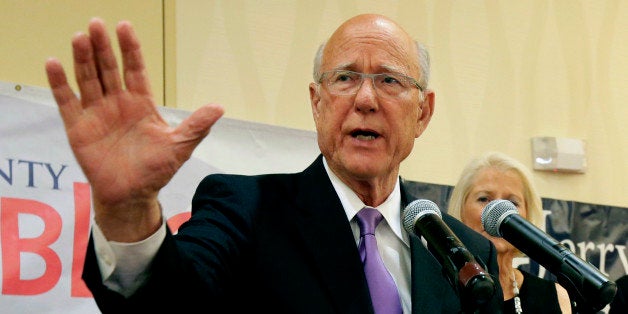 U.S. Sen. Pat Roberts makes his victory speech at a Johnson County Republican's election watch party Tuesday, Aug. 5, 2014, in Overland Park, Kan. Roberts defeated tea party-backed challenger Milton Wolf. (AP Photo/Charlie Riedel)