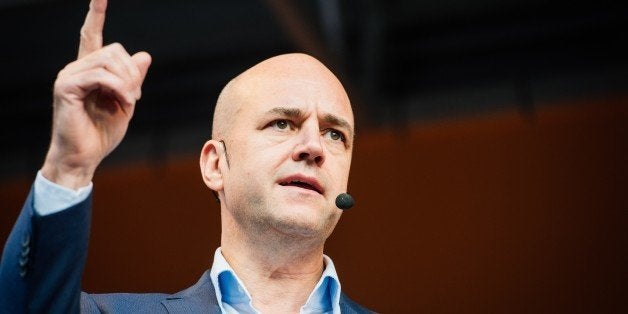 Sweden's Prime minister and leader of the Moderate Party, Fredrik Reinfeldt speaks during a rally with his coalition partners