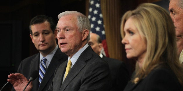 WASHINGTON, DC - SEPTEMBER 09: U.S. Sen. Jeff Sessions (R-AL) (2nd L) speaks as Sen. Ted Cruz (R-TX) (L), and Rep. Marsha Blackburn (R-TN) (R) listen during a news conference September 9, 2014 on Capitol Hill in Washington, DC. The legislators discussed on immigration reform during the news conference. (Photo by Alex Wong/Getty Images)