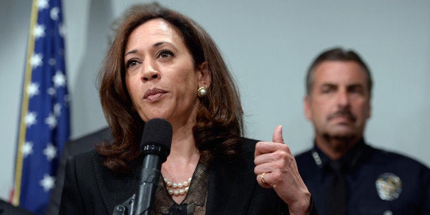 LOS ANGELES, CA - MAY 17: California Attorney General Kamala Harris speaks at a news conference on May 17, 2013 at the Los Angeles Civic Center in Los Angeles, California. Harris hosted a meeting of the state's district attorneys to develop recommendations on reducing gun violance. (Photo by Kevork Djansezian/Getty Images)