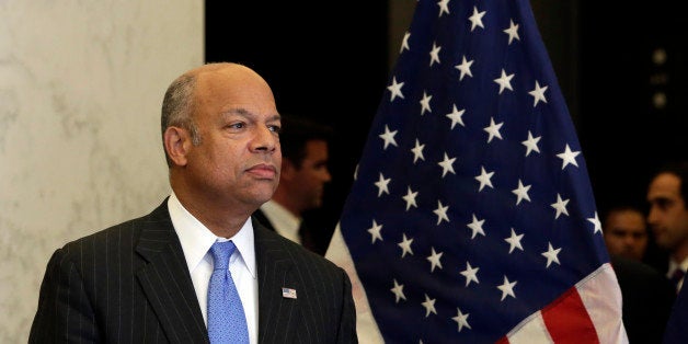 Homeland Security Secretary Jeh Johnson arrives for a news conference, in New York, Monday, Sept. 15, 2014. New York Gov. Andrew Cuomo, New Jersey Gov. Chris Christie, and New York Mayor Bill de Blasio met with Secretary Johnson and a bi-state group of officials from local, state and federal law enforcement and public safety offices to discuss security preparedness and coordination in the New York-New Jersey region. (AP Photo/Richard Drew)