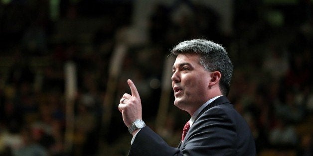 TAKES OUT REFERENCE OF ANNUAL STATE GOP CONGRESS Rep. Cory Gardner delivers a speech to Republican delegates at state GOP Congress, in Boulder, Colo., Saturday April 12, 2014. Gardner is stepping down from his current House seat to challenge Democratic U.S. Senator Mark Udall in November. (AP Photo/Brennan Linsley)