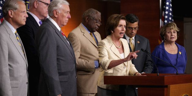 WASHINGTON, DC - JULY 30: (L-R) Rep. Steve Israel (D-NY), Rep. Joseph Crowley (D-NY), House Minority Whip Steny Hoyer (D-MD), Rep. James Clyburn (D-SC), House Minority Leader Nancy Pelosi (D-CA) and Rep. Xavier Becerra (D-CA), Rep. Louise Slaughter (D-NY) hold a news conference after the House voted 225-201 to authorize a lawsuit against the President Barack Obama at the U.S. Capitol July 30, 2014 in Washington, DC. The House passed the Republican legislation authorizing the lawsuit that claims Obama overstepped his powers in ordering changes to his signature health care law, the Affordable Care Act. (Photo by Chip Somodevilla/Getty Images)