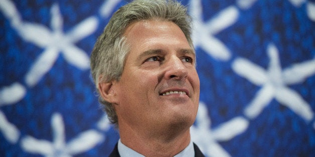 UNITED STATES - AUGUST 18: Former Sen. Scott Brown, R-Mass., left, candidate for U.S. Senate in New Hampshire, holds a campaign town hall rally with Sen. John McCain, R-Ariz., not pictured, at the Pinkerton Academy in Derry, N.H., on Monday, Aug. 18, 2014. (Photo By Bill Clark/CQ Roll Call)