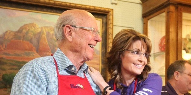 Governor Sarah Palin joined Senator Pat Roberts for a pancake breakfast at the Independence Historical Museum and Art Center Sept. 25, 2014 in Independence, Kan. The two spoke to a crowd of more than 250 people before serving pancakes and sausage. (Jaime Green/Wichita Eagle/MCT via Getty Images)