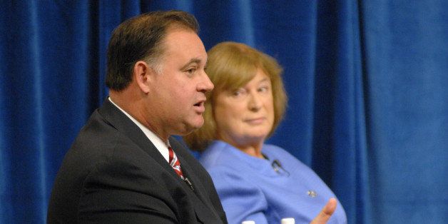 Incumbent Rep. Frank Guinta, R-N.H., and Democratic challenger Carol Shea-Porter debate during the 1st Congressional District forum on Monday, Sept. 17, 2012, at St. Anselm College in Manchester, N.H. (AP Photo/The Union Leader, David Lane, Pool)
