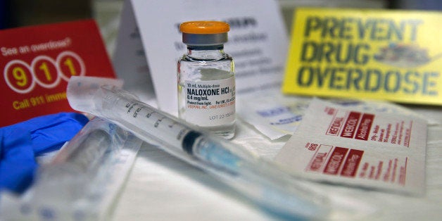 A kit with naloxone, also known by its brand name Narcan, is displayed at the South Jersey AIDS Alliance in Atlantic City, N.J. on Wednesday, Feb. 19, 2014. An overdose of opiates essentially makes the body forget to breathe. Naloxone works by blocking the brain receptors that opiates latch onto and helping the body "remember" to take in air. (AP Photo/Mel Evans)