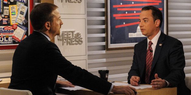 MEET THE PRESS -- Pictured: (l-r) Moderator Chuck Todd, left, and Reince Priebus, Chairman, Republican National Committee, right, appear on 'Meet the Press' in Washington, D.C., Sunday, Oct. 5, 2014. (Photo by: William B. Plowman/NBC/NBC NewsWire via Getty Images)