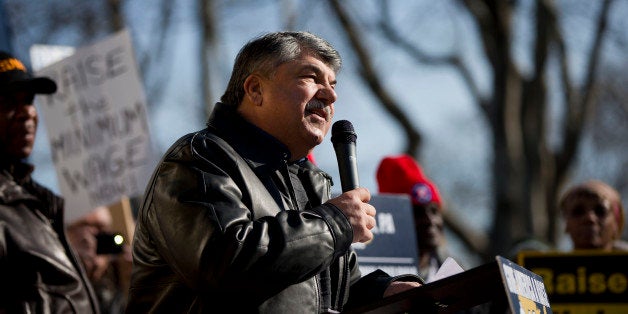 AFL-CIO President Richard Trumka speaks at a news conference Thursday, March 27, 2014, in Philadelphia. Americans United for Change has a scheduled 11 state bus tour advocating for an increase in the minimum wage from $7.25 to $10.10 an hour. (AP Photo/Matt Rourke)