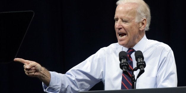 Vice President Joe Biden speaks during a campaign rally for U.S. Sen. Jeff Merkley in Portland, Ore., Wednesday, Oct. 8, 2014. Biden was in Portland campaigning for Merkley who is being challenged by Republican Monica Wehby.(AP Photo/Don Ryan)