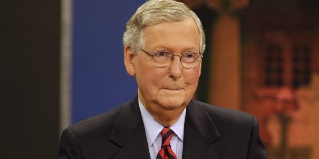 LEXINGTON, KY - OCTOBER 13: Minority Leader U.S. Sen. Mitch McConnell (R) prepares for his debate with Kentucky Secretary of State Alison Lundergan Grimes (D) on 'Kentucky Tonight' at the KET Network Center on October 13, 2014 in Lexington, Kentucky. Voters go to the polls on November 4, 2014. (Photo by Pablo Alcala-Pool/Getty Images)