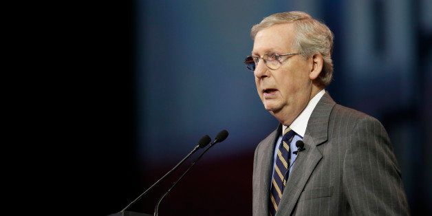 Senate Minority Leader Mitch McConnell, R-Ky., speaks during the leadership forum at the National Rifle Association's annual convention Friday, April 25, 2014 in Indianapolis. (AP Photo/AJ Mast)
