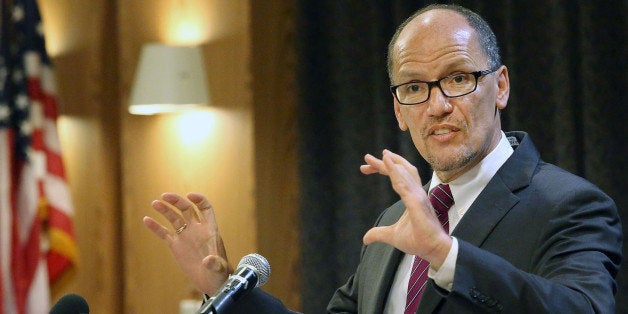 Secretary of the U.S. Department of Labor Thomas Perez speaks to business and community leaders at a Los Angeles Area Chamber of Commerce event, in Los Angeles on Monday, Aug. 18, 2014. The event, was part of the Secretaryâs pre-Labor Day five-city tour, co-hosted by United Way of Greater Los Angeles, and the Los Angeles County Federation of Labor, AFL-CIO. (AP Photo/Nick Ut)