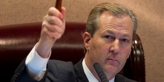 Alabama Speaker of the House Mike Hubbard, R-Auburn gavels in the regular session of the House of Representatives at the Alabama Statehouse in Montgomery, Ala., Tuesday, Feb. 7, 2012. (AP Photo/Dave Martin)