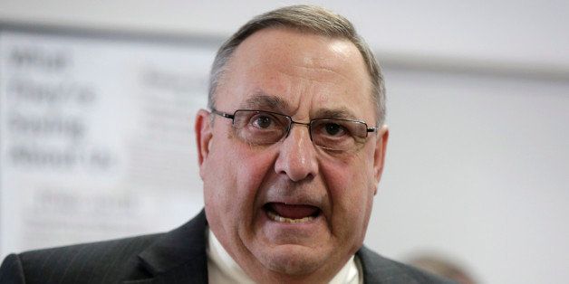 FILE - Maine Gov. Paul LePage criticizes the state's Legislature during a news conference in this March 10, 2014 file photo taken in Brunswick, Maine. LePage wants to limit state welfare benefits to only those residents living in Maine legally, a move that could force municipalities to drop some recipients or risk losing government funds. Attorney General Janet Mills, a Democrat, says the governor has no authority to implement the change in welfare regulations without legislative approval. (AP Photo/Robert F. Bukaty)
