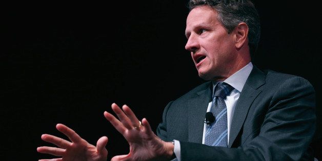 WASHINGTON, DC - MAY 19: Former U.S. Treasury Secretary Timothy Geithner discusses his new book 'Stress Test, Reflections on Financial Crises' during the Politico Playbook Lunch at The Hamilton May 19, 2014 in Washington, DC. As President Barack Obama's first secretary of the Treasury, Geithner helped pilot the country through the worst financial crisis since the Great Depression. Part memoir, part crisis survival handbook, 'Stress Test' offers Geithner's behind-the-scenes account of how a group of policy makers worked to avoid a second depression. (Photo by Chip Somodevilla/Getty Images)