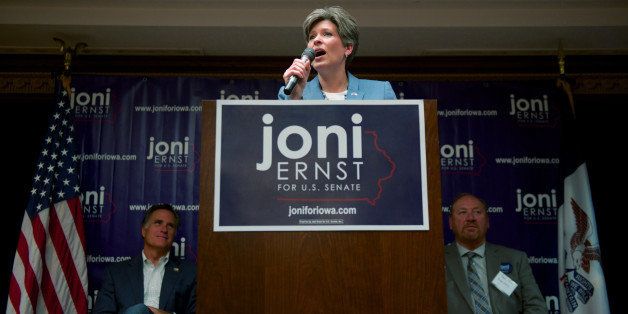 CEDAR RAPIDS, IOWA - OCTOBER 13: Iowa Republican State Senator and U.S. Senate candidate Joni Ernst (C) speaks during a rally with former Massachusetts Gov. and GOP presidential candidate Mitt Romney (L) on October 11, 2014 in Cedar Rapids, Iowa. Ernst and Romney met with around 300 supporters at the event, one of many in the final weeks of Ernst's campaign for a U.S. Senate seat. U.S. Representative Bruce Braley (D-IA) and Ernst are virtually tied in polling to replace the seat occupied by retiring U.S. Senator Tom Harkin (D-IA). (Photo by David Greedy/Getty Images)