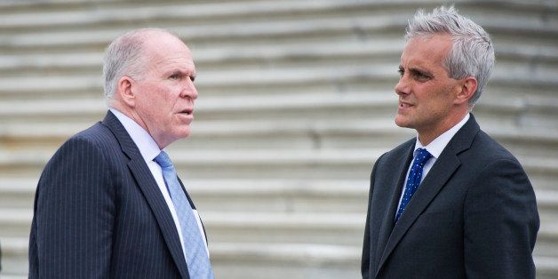 UNITED STATES - MAY 15: CIA Director John Brennan and White House Chief of Staff Denis McDonough, right, talk near the Senate steps of the Capitol before a briefing with Senate democrats about the judicial nomination of David Barron to the U.S. Court of Appeals for the First Circuit, May 15, 2014. (Photo By Tom Williams/CQ Roll Call)
