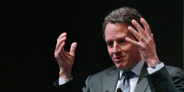 WASHINGTON, DC - MAY 19: Former U.S. Treasury Secretary Timothy Geithner discusses his new book 'Stress Test, Reflections on Financial Crises' during the Politico Playbook Lunch at The Hamilton May 19, 2014 in Washington, DC. As President Barack Obama's first secretary of the Treasury, Geithner helped pilot the country through the worst financial crisis since the Great Depression. Part memoir, part crisis survival handbook, 'Stress Test' offers Geithner's behind-the-scenes account of how a group of policy makers worked to avoid a second depression. (Photo by Chip Somodevilla/Getty Images)