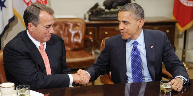 WASHINGTON - NOVEMBER 16: U.S. President Barack Obama (R) shakes hands with Speaker of the House John Boehner (R-OH) during a meeting with bipartisan group of congressional leaders in the Roosevelt Room of the White House on November 16, 2012 in Washington, DC. Obama and congressional leaders of both parties are meeting to reportedly discuss deficit reduction before the tax increases and automatic spending cuts go into affect in the new year. (Photo by Olivier Douliery-Pool/Getty Images)