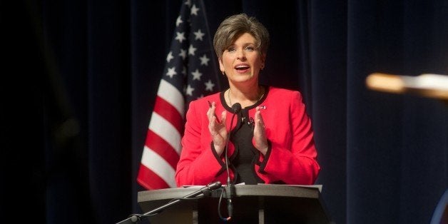 DAVENPORT, IOWA - OCTOBER 11: Republican state Sen. Joni Ernst debates U.S. Rep. Bruce Braley (D-IA) at the Galvin Fine Arts