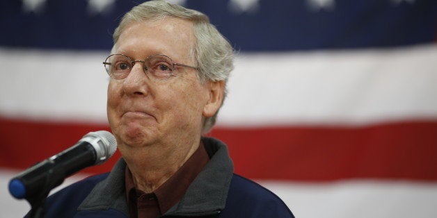 LOUISVILLE, KY - OCTOBER 31: Senate Minority Leader Mitch McConnell (R-KY) delivers a stump speech during a campaign stop at Brandeis Machinery & Supply Company on October 31, 2014 in Louisville, Kentucky. With less than a week remaining until election day McConnell maintains a slight edge over Democratic challenger Kentucky Secretary of State Alison Lundergan Grimes in recent polls. (Photo by Luke Sharrett/Getty Images)