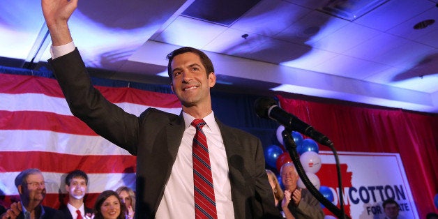 NORTH LITTLE ROCK, AR - NOVEMBER 04: U.S. Rep. Tom Cotton (R-AR) and republican U.S. Senate elect in Arkansas greets supporters during an election night gathering on November 4, 2014 in Little Rock, Arkansas. Cotton defeated two-term incumbent democrat U.S. Sen. Mark Pryor (D-AR). (Photo by Justin Sullivan/Getty Images)