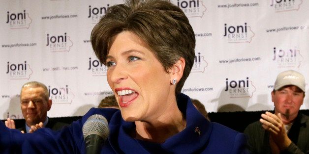 U.S. Sen.-elect Joni Ernst speaks to supporters during an election night rally, Tuesday, Nov. 4, 2014, in West Des Moines, Iowa. Ernst defeated U.S. Rep. Bruce Braley, D-Iowa, in the race to replace retiring U.S. Sen. Tom Harkin. (AP Photo/Charlie Neibergall)