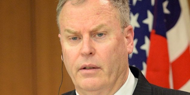 US Deputy Secretary of Defense Robert Work delivers his speech during a joint press conference with his Japanese counterpart