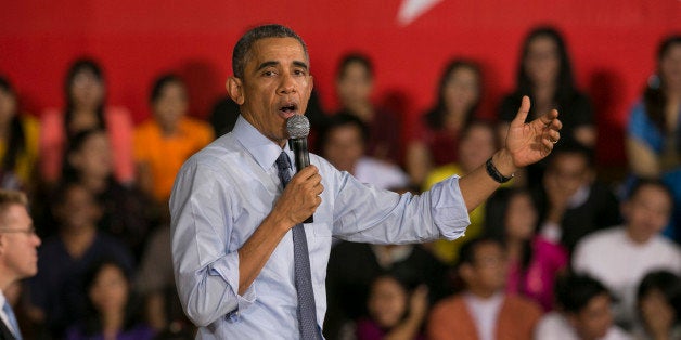 YANGON, BURMA - NOVEMBER 14: U.S President Barak Obama speaks to students after a Young Southeast Asian Leaders Initiative (YSEALI) Town Hall meeting on November 14, 2014 in Yangon, Burma. Obama spends one day in Yangon speaking at Yangon University and meeting with Aung San Suu Kyi before departing to Australia for the G20 Summit this evening. (Photo by Paula Bronstein/Getty Images)