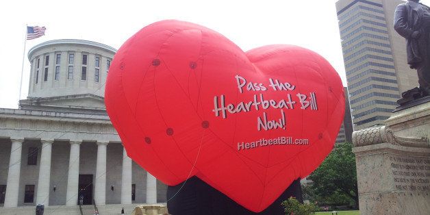 This photo taken June 5, 2012, outside the statehouse in Columbus, Ohio, shows a large balloon in support of the Heartbeat Bill. An Ohio bill that would have imposed the most stringent restriction on abortions in the nation met its end Tuesday. Senators don't plan to vote on the so-called "heartbeat bill" before the end of the legislative session next month, Republican Senate President Tom Niehaus said, citing concerns the resulting law might have been found to be unconstitutional. (AP Photo/Ann Sanner)