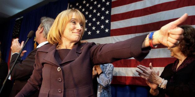 Incumbent Gov. Maggie Hassan, D-N.H., acknowledges supporters in Manchester, N.H. on Tuesday, Nov. 4, 2014, after winning re-election. (AP Photo/Jim Cole)