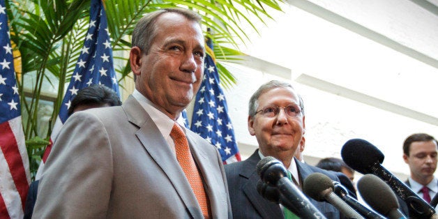 Senate Minority Leader Mitch McConnell of Ky. listens at right as House Speaker John Boehner of Ohio speaks during a news conference on Capitol Hill in Washington, Wednesday, June 6, 2012. (AP Photo/J. Scott Applewhite)