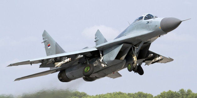 Serbian Air Force MiG-29 departing with two AA-8 Aphid missiles, Graf Ignatievo Air Base, Bulgaria.