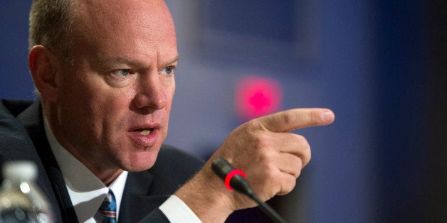 Wyoming Gov. Matt Mead participates in a special session on jobs in America during the National Governor's Association Winter Meeting in Washington, Sunday, Feb. 23, 2014. (AP Photo/Cliff Owen)