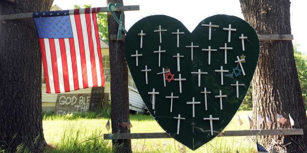Sandy Hook Elementary School shooting, heart and cross memorial near Sandy Hook Firehouse on Riverside Road in Sandy Hook, CT (Photo By: Enid Alvarez/NY Daily News via Getty Images)