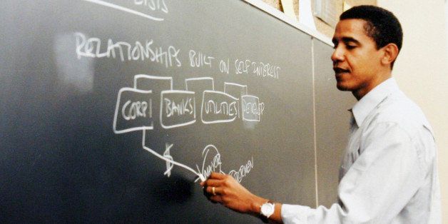 ** ADVANCE FOR WEEKEND OF OCT. 20-21 AND THEREAFTER ** This photo released by Obama for America shows a Barack Obama teaching at the University of Chicago Law School. Obama arrived in Chicago in 1985 with a college degree, a map of the city and a new job as a community organizer, only to move on a few years later to Harvard Law School. When he returned to Chicago, he joined a small civil rights firm, ran a voter registration drive, and lectured on constitutional law at the University of Chicago Law School. (AP Photo/Obama for America)
