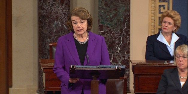 This frame grab from video, provided by Senate Television, shows Senate Intelligence Committee Chair Sen. Dianne Feinstein, D-Calif. speaking on the floor of the Senate on Capitol Hill in Washington, Tuesday, Dec. 9, 2014. Senate investigators have delivered a damning indictment of CIA interrogation practices after the 9/11 attacks, accusing the agency of inflicting pain and suffering on prisoners with tactics that went well beyond legal limits. The torture report released Tuesday by the Senate Intelligence Committee says the CIA deceived the nation with its insistence that the harsh interrogation tactics had saved lives. It says those claims are unsubstantiated by the CIA's own records. Sen. Debbie Stabenow, D-Mich. is at center, Sen. Patty Murray, D-Wash. is at right. (AP Photo/Senate Television)