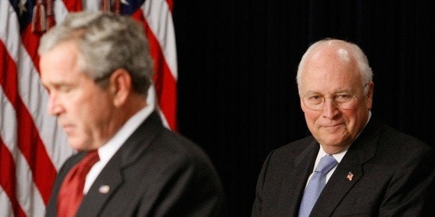 WASHINGTON - SEPTEMBER 10: U.S. Vice President Dick Cheney (R) listens as U.S. President George W. Bush speaks during a swearing-in ceremony for Jim Nussle as Director of the Office of Management and Budget September 10, 2007 in Washington, DC. Nussle replaced Rob Portman as the director of the Office of Management and Budget. (Photo by Mark Wilson/Getty Images)