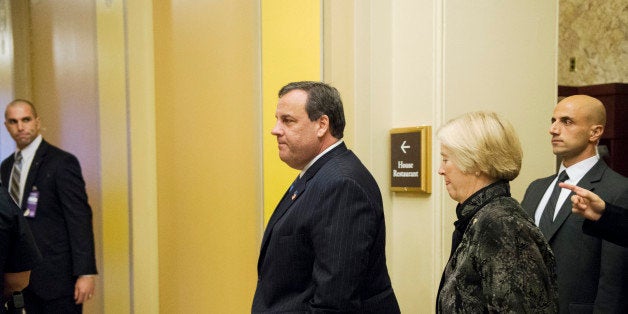 UNITED STATES - NOVEMBER17: Gov. Chris Christie, R-N.J., is escorted by Chairman of the Committee on House Administration Candice Miller, R-Mich., to the Chairmans new member orientation lunch with Republican members-elect in the House dining room on Monday, Nov. 17, 2014.(Photo By Bill Clark/CQ Roll Call)