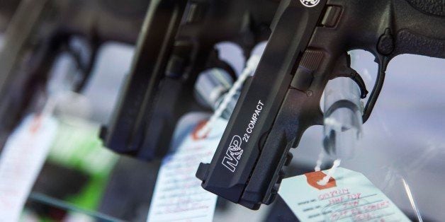 BRIDGETON, MO - NOVEMBER 16 : Handguns are seen at Metro Shooting Supplies on November 16, 2014 in Bridgeton, Missouri as the gun shop near Ferguson sees increase in business ahead of awaited grand jurys decision. (Photo by Samuel Corum/Anadolu Agency/Getty Images)