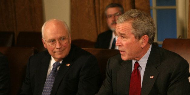 WASHINGTON - JANUARY 29: (AFP OUT) President George W. Bush (R) and Vice President Dick Cheney attend a meeting of the Joint Chiefs of Staff and combat commanders in the Cabinet Room of the White House January 29, 2008 in Washington, DC. (Photo by Dennis Brack-Pool/Getty Images)
