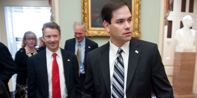 UNITED STATES Ã NOVEMBER 17: From left, Sen.-elect Rand Paul, R-Ky., and Sen.-elect Marco Rubio, R-Fla., leave the Mansfield Room during a break in freshman orientation on Wednesday, Nov. 17, 2010. (Photo By Bill Clark/Roll Call)