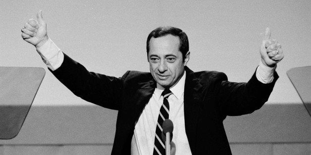 FILE - In this July 17, 1984, file photo, New York Gov. Mario Cuomo gives a thumbs-up gesture with both hands during his keynote address to the opening session of the Democratic National Convention in San Francisco. Cuomo, a three-term governor, died Thursday, Jan. 1, 2015, the day his son Andrew started his second term as governor, the New York governor's office confirmed. He was 82. (AP Photo/File)